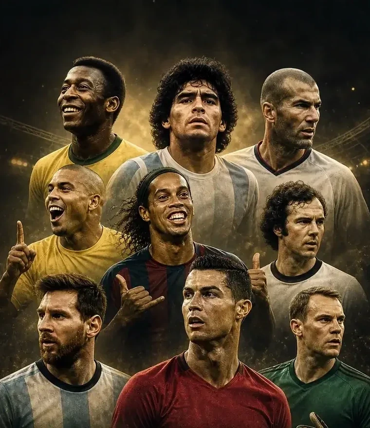 Pelé, Maradona, Zidane, Ronaldo, Ronaldinho, Beckenbauer, Messi, Cristiano Ronaldo and Neuer
